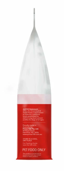 Prime100 SPD Air-Dried Duck And Sweet Potato 120g -Bayer Shop AIR DS120 Side Of Pack Panel A Render PNG 96589.1699581260